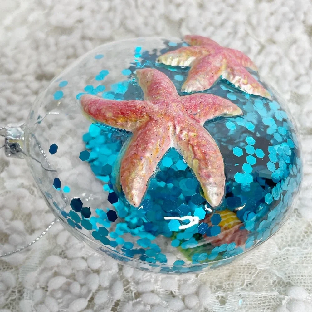 Pottery Barn Glass Starfish And Seashells With Blue Glitter Ornament Coastal